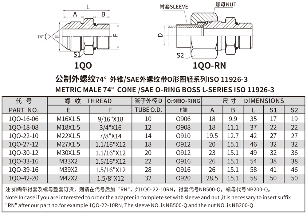 公制外螺纹74°外锥/SAE外螺纹带O形圈轻系列ISO 11926-3