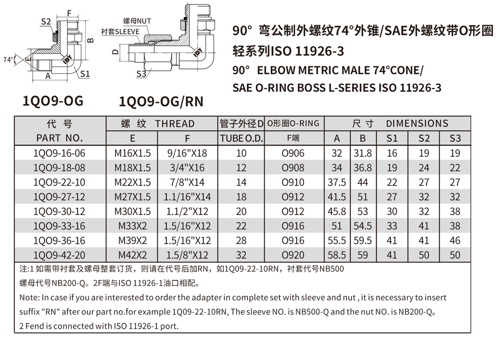 90°弯公制外螺纹74°外锥/SAE外螺纹带O形圈轻系列ISO 11926-3