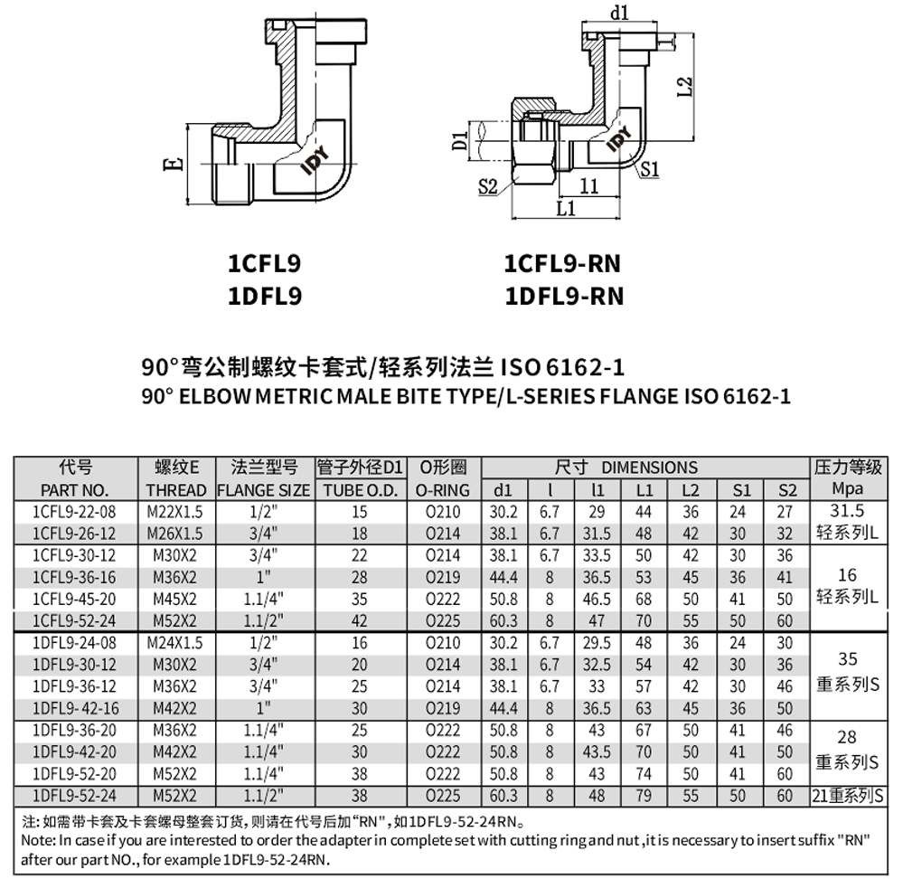 90°弯公制螺纹卡套式/轻系列法兰ISO 6162 -1