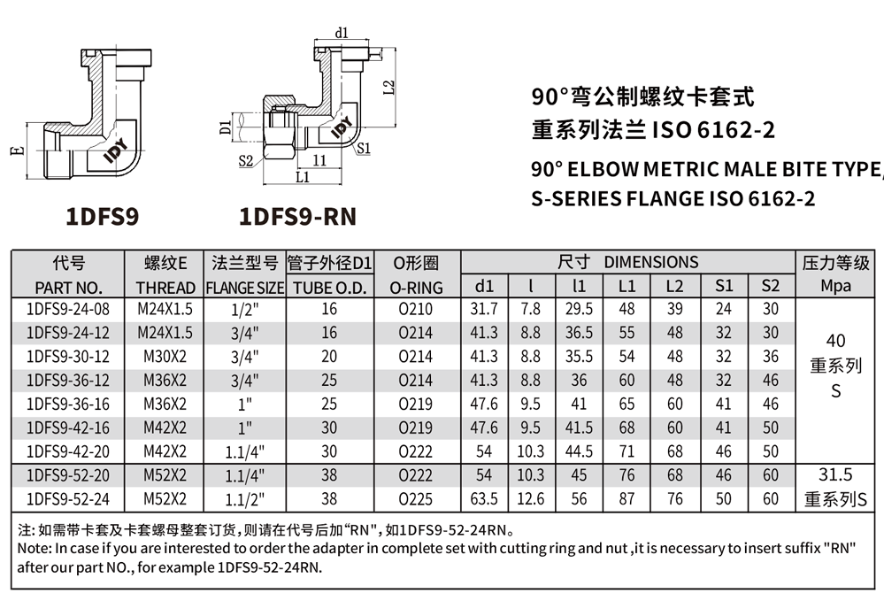 90°弯公制螺纹卡套式重系列法兰ISO 6162-2