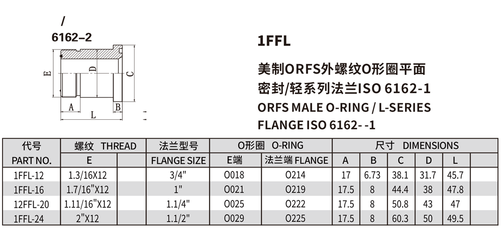 美制ORFS外螺纹O形圈平面密封/轻系列法兰ISO 6162-1